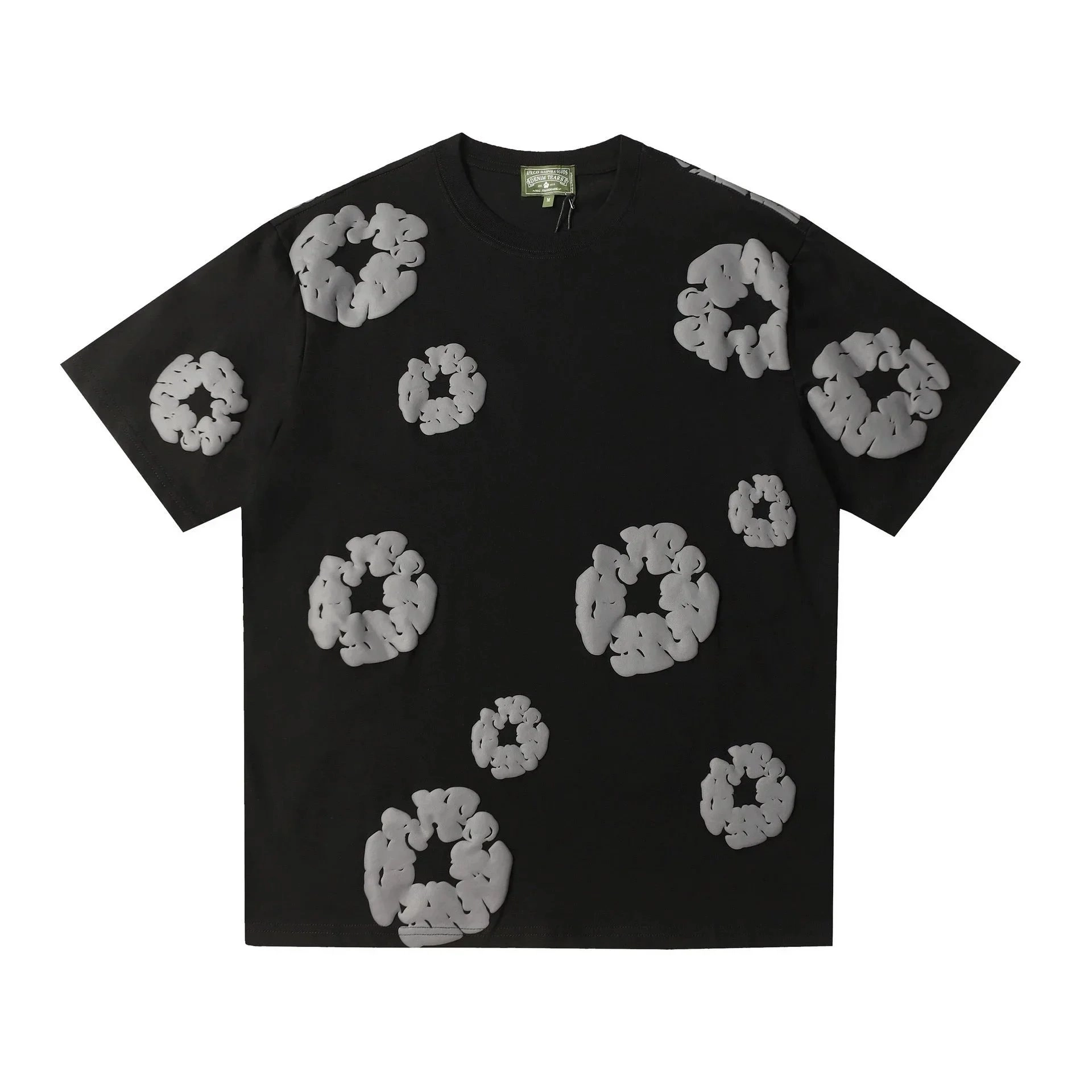 Adsum Threads Black T-Shirt with 3D Gray Abstract Floral Appliqu&eacute;s