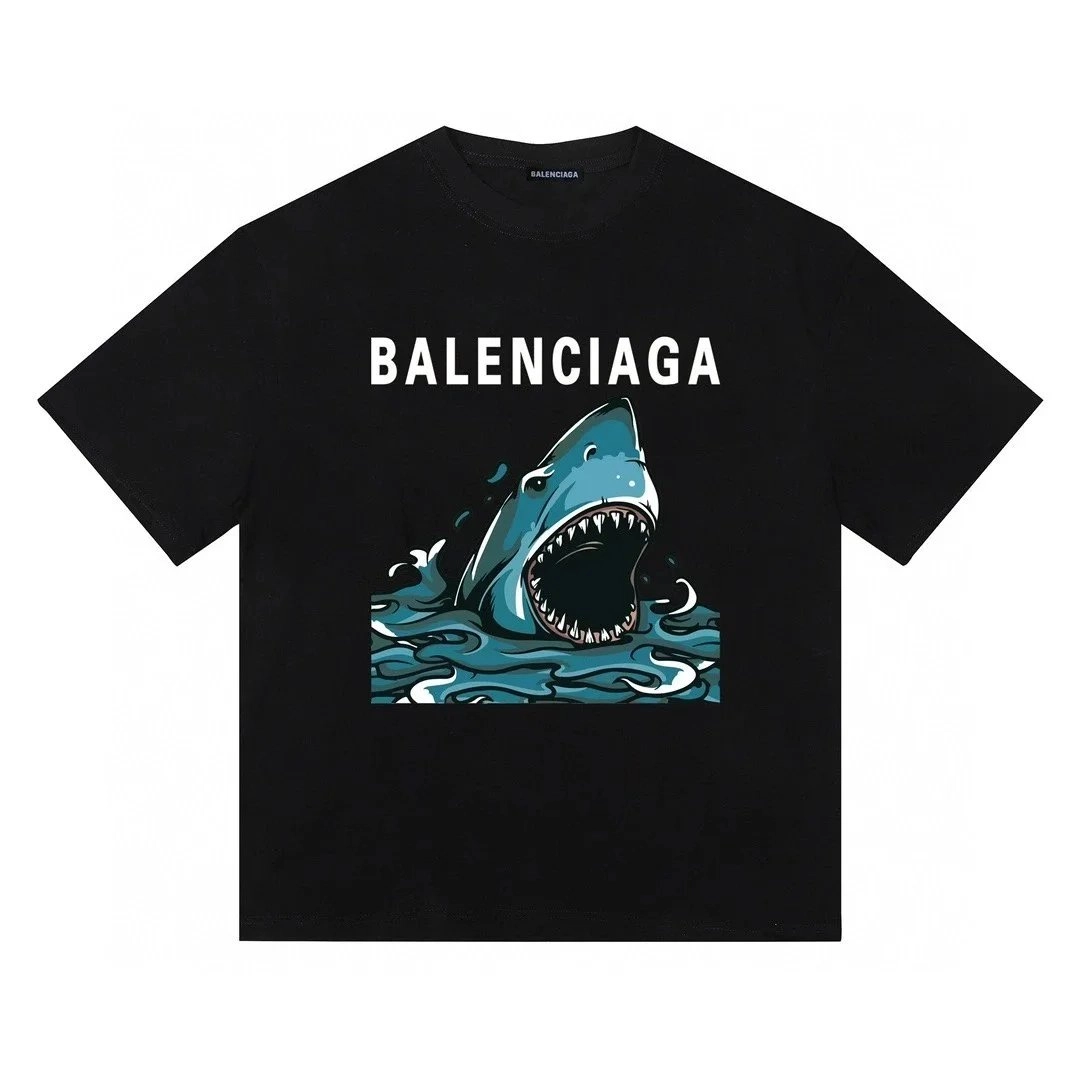 Balenciaga Shark Graphic Black Cotton T-Shirt