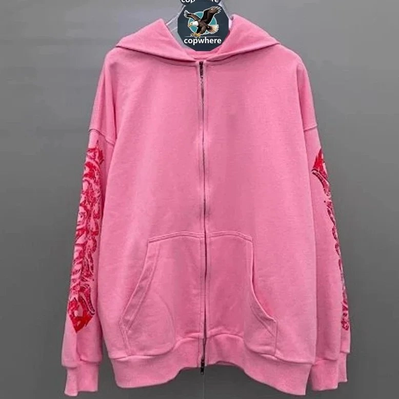 Copwhere Pink Zip-Up Hoodie with Red Sleeve Embroidery