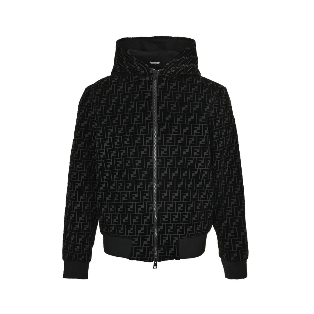 Fendi FF Logo Velvet Hooded Bomber Jacket Black
