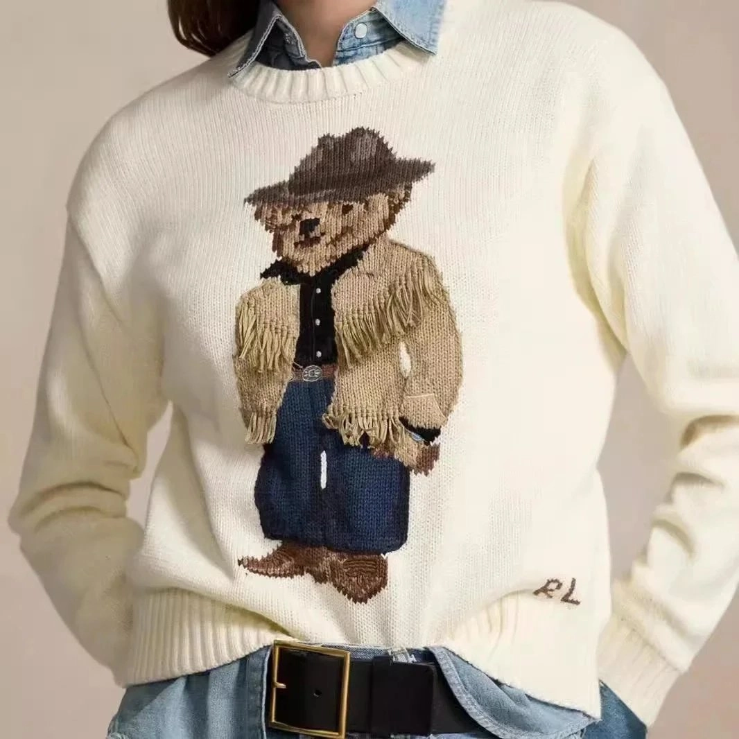 Polo Ralph Lauren Cowboy Bear Intarsia Knit Sweater - Cream