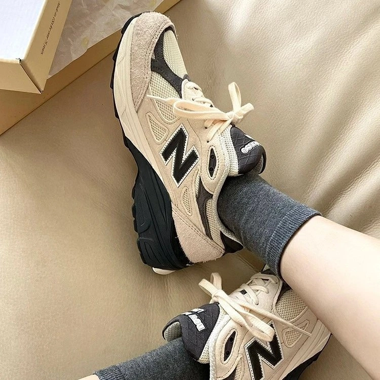 New Balance 990v3 Beige Black Mesh Suede Running Sneakers
