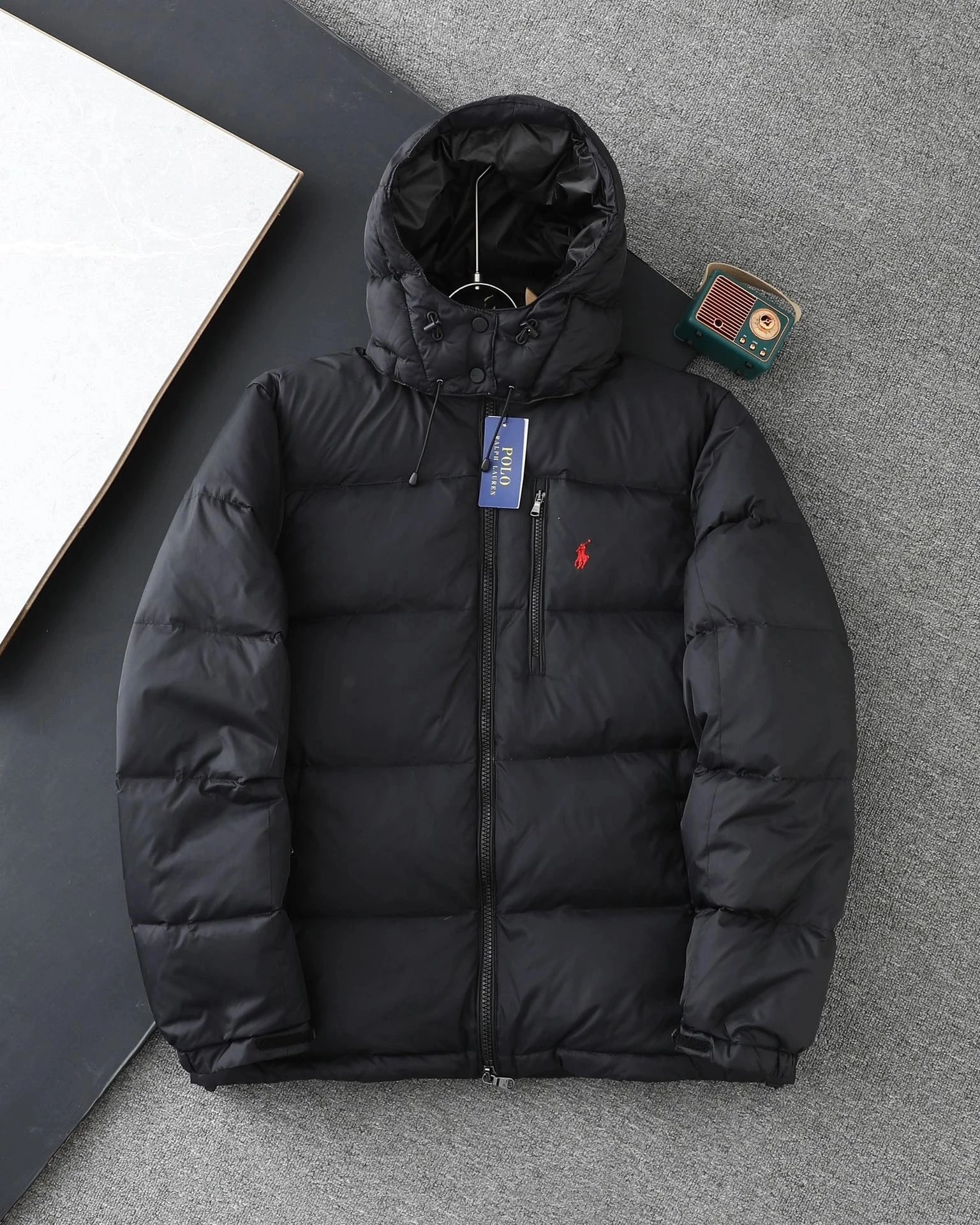 Polo Ralph Lauren Black Hooded Puffer Jacket with Red Pony Logo