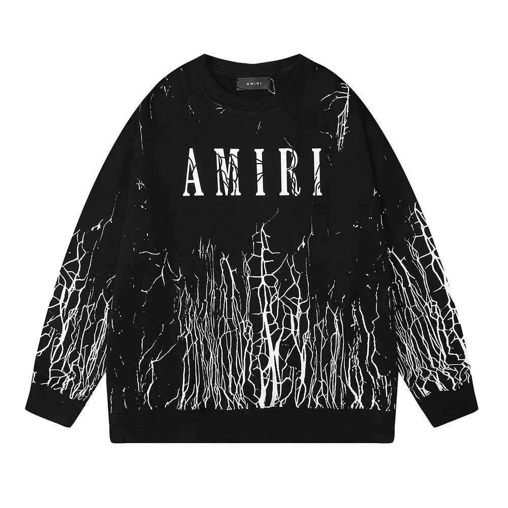 AMIRI Cracked White Branch Print Black Crewneck Sweater