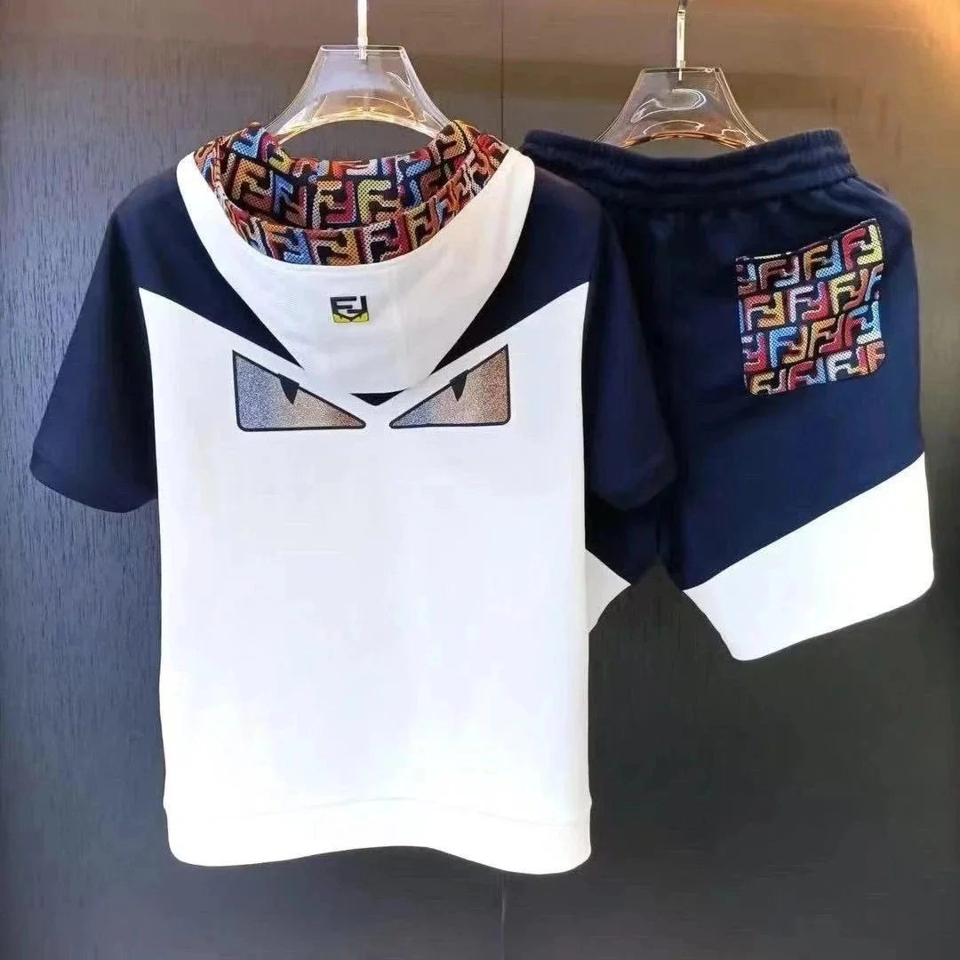 Fendi Monster Eye Hooded T-Shirt and Shorts Set Navy-White