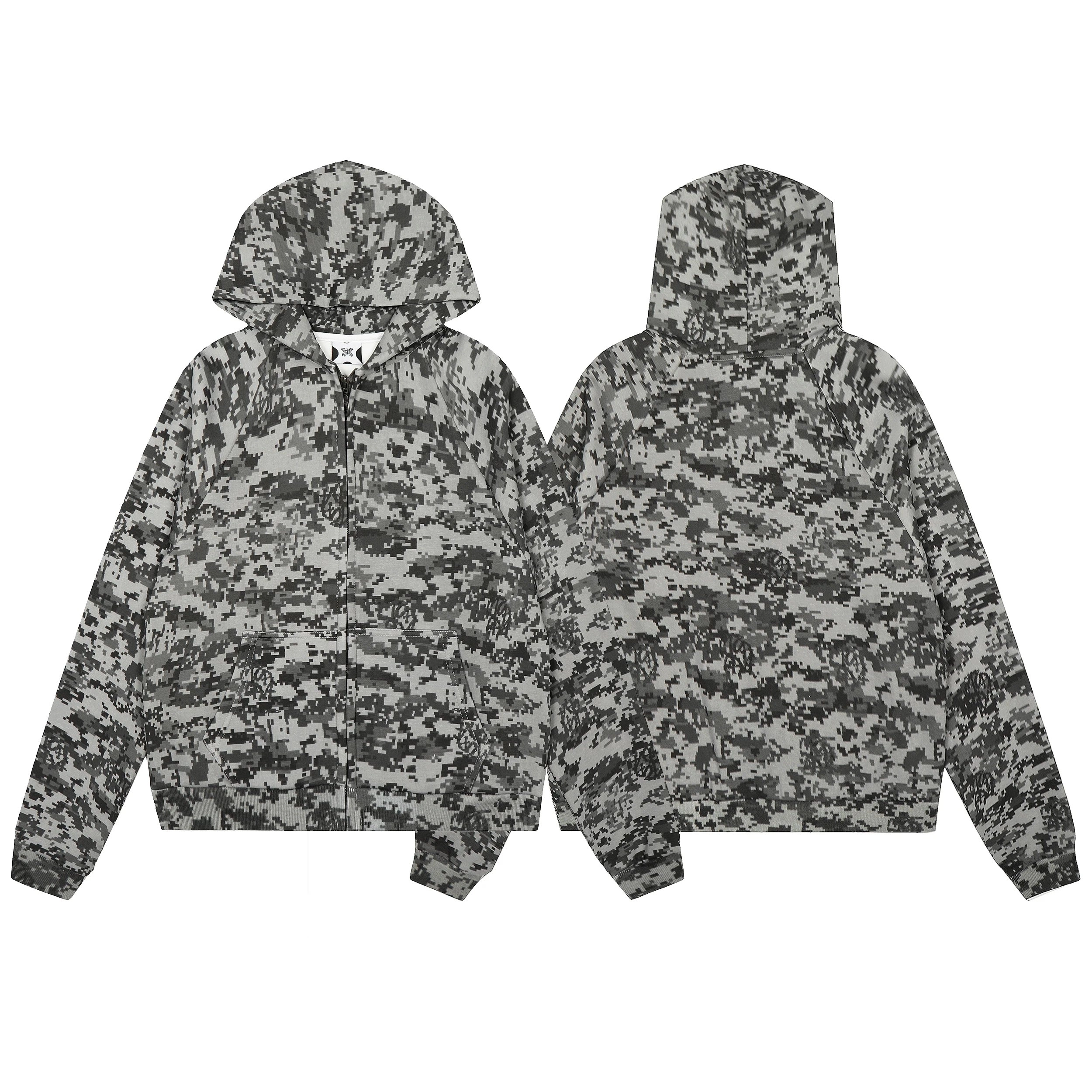 Digital Camo Zip-Up Hoodie with Subtle Logo Pattern