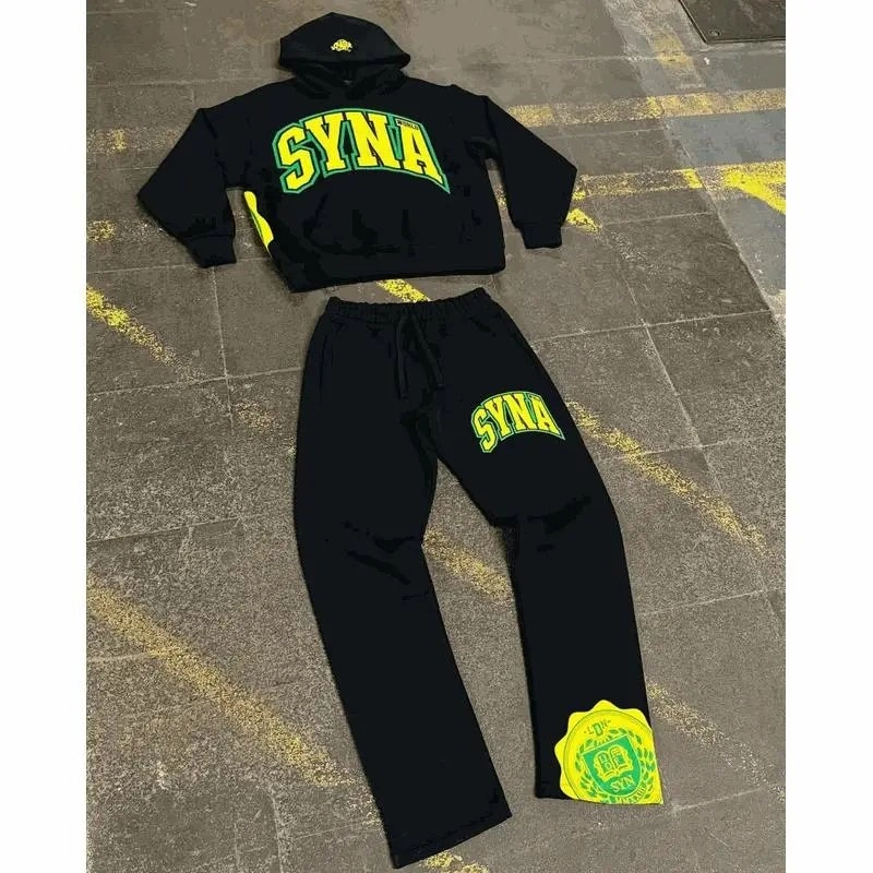 SYNA Black Hoodie and Pants Set with Neon Green Logo