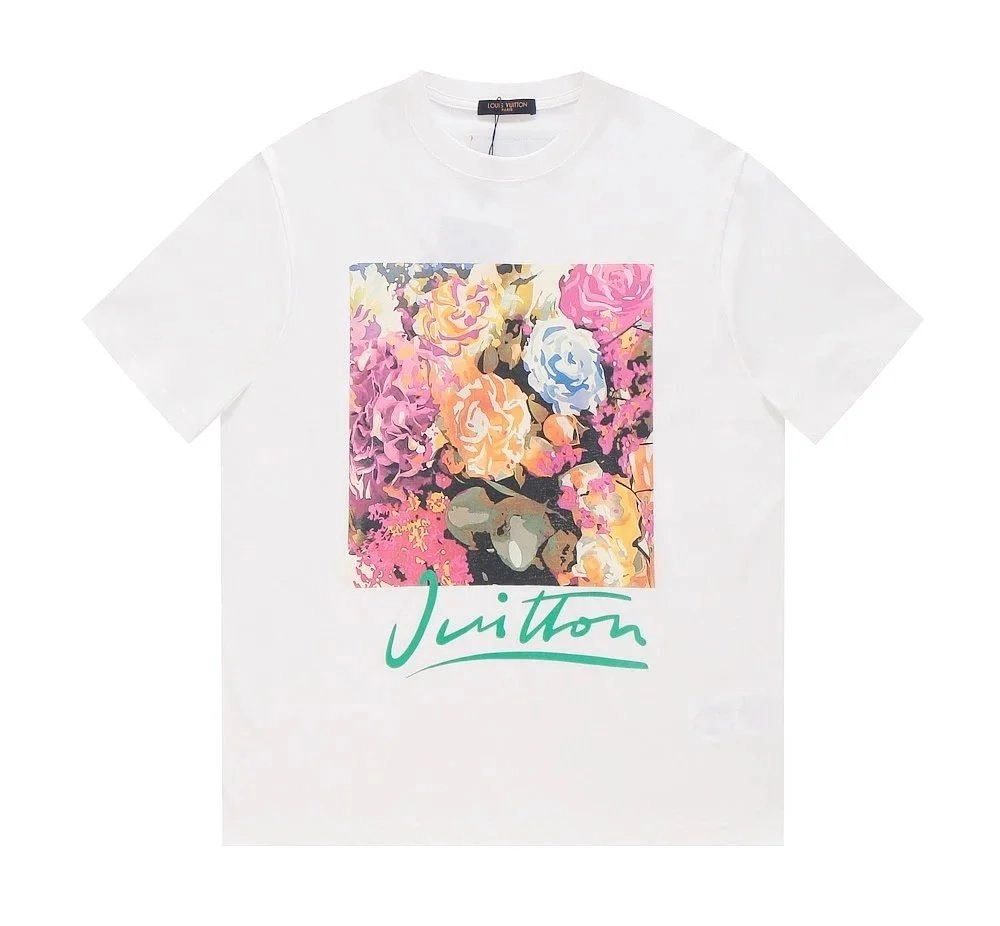 Louis Vuitton White Floral Print T-Shirt with Green Signature
