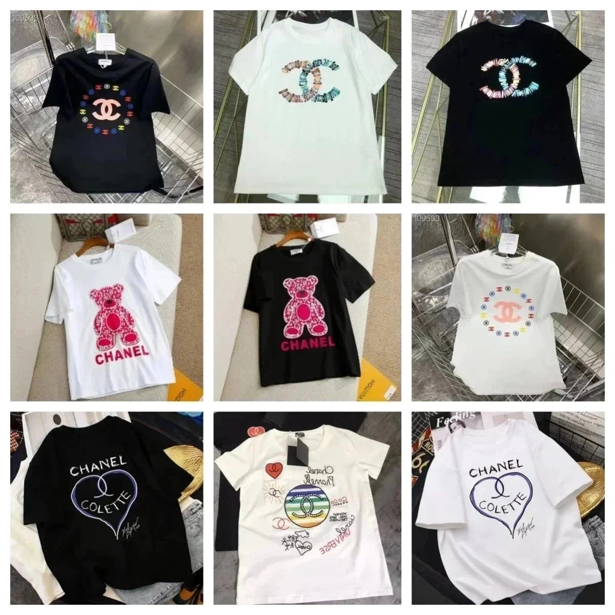 Chanel CC Logo Embellished T-Shirt Black White Pink Bear Print