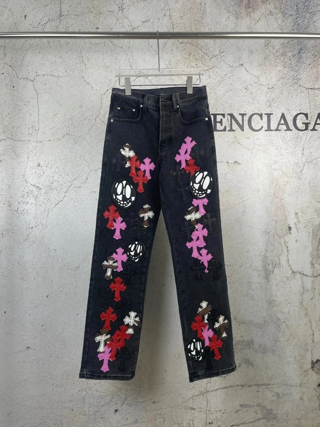 Chrome Hearts Cross & Skull Embroidered Black Denim Jeans