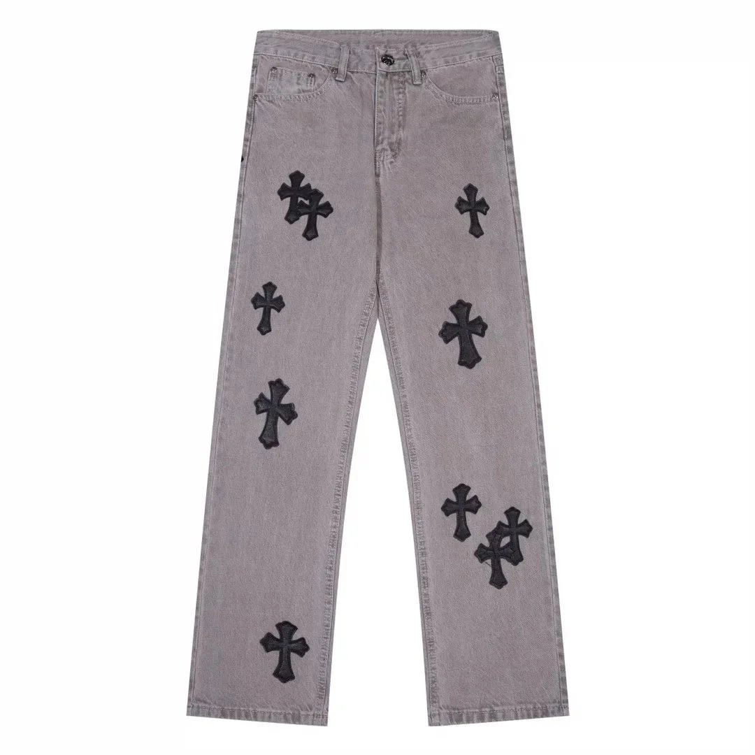 Chrome Hearts Grey Denim Jeans with Black Cross Embroidery