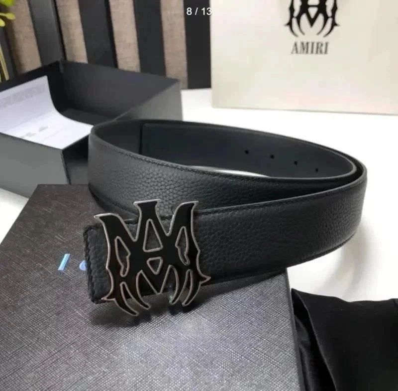 AMIRI Black Leather Belt with Gothic Logo Buckle
