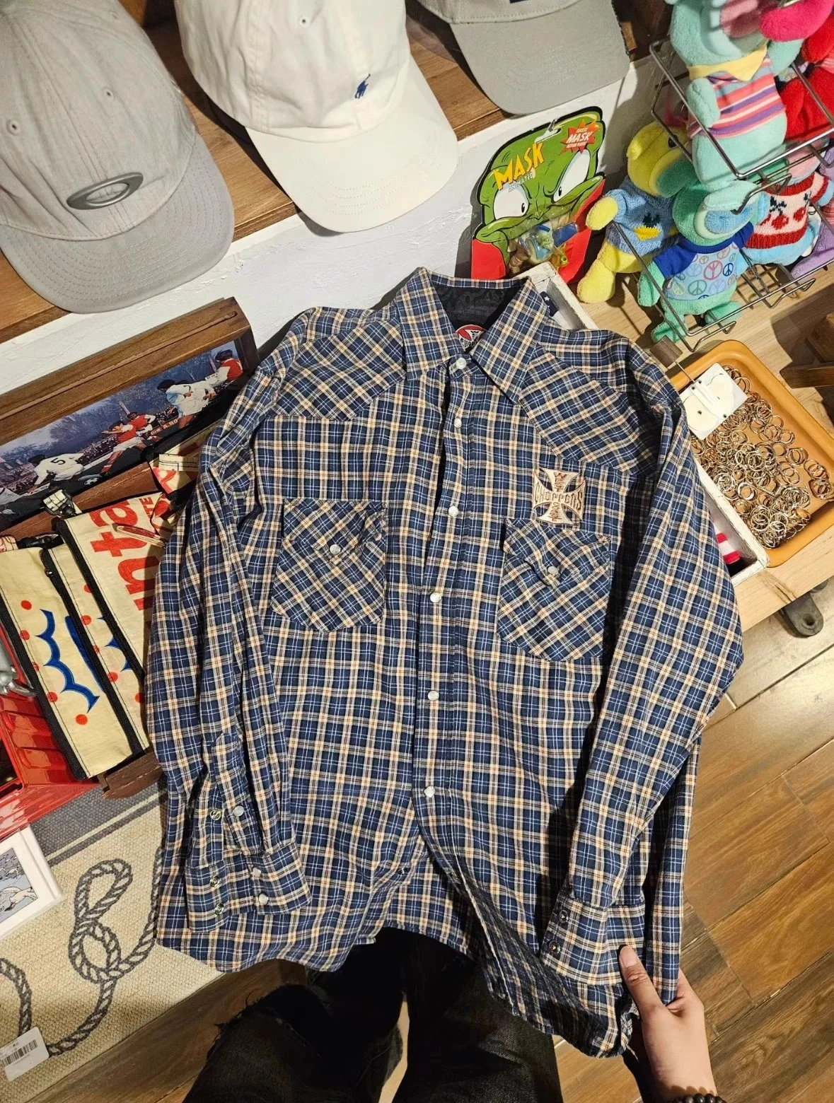 Choppers Vintage Blue-Beige Plaid Western Shirt with Iron Cross Patch
