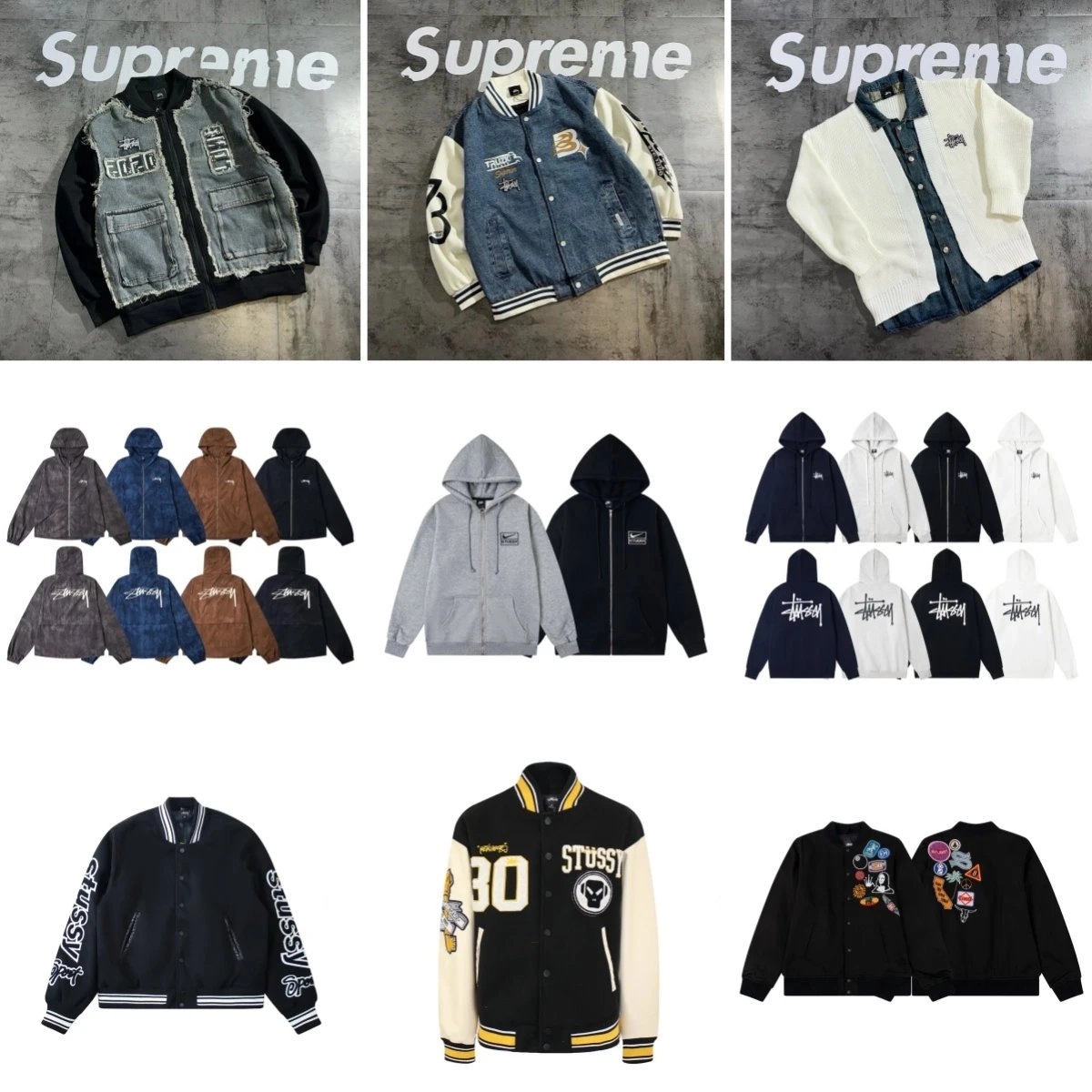 Stussy Distressed Denim Patchwork Varsity Jacket Black
