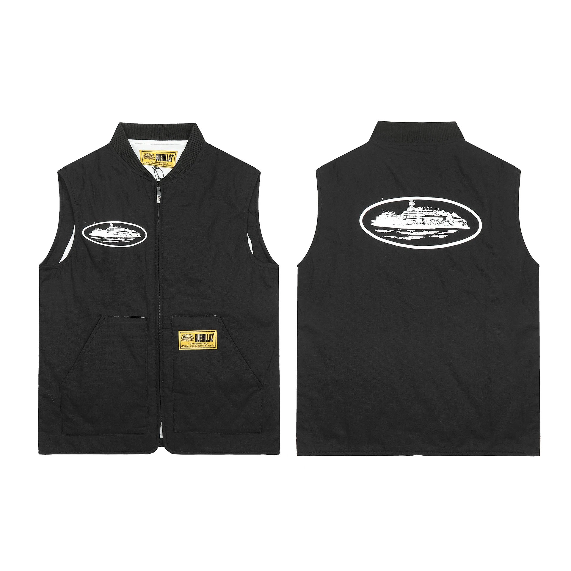 GUERILLAZ Black Ship Graphic Vest with Oval Print and Patch Detail