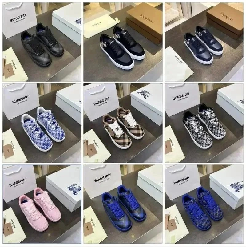 Burberry Check Pattern Leather Sneakers - Navy Blue