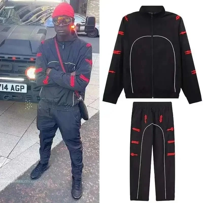 Black Track Suit with Red Arrow Embroidery and White piping