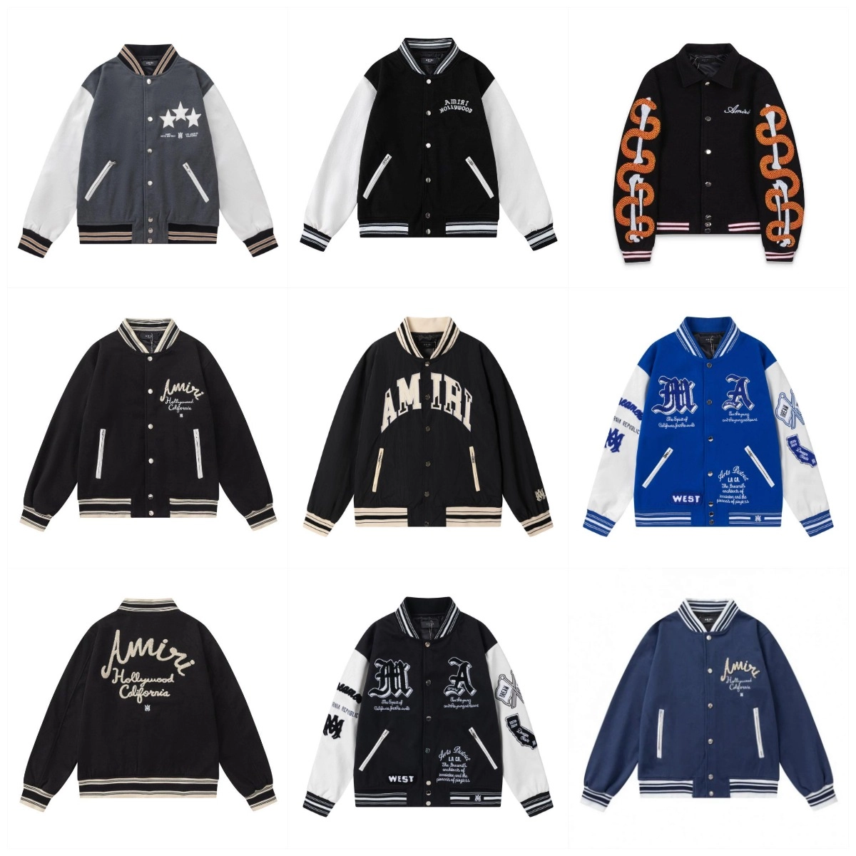 Amiri Varsity Jacket Black with Orange Chain Sleeve Embroidery
