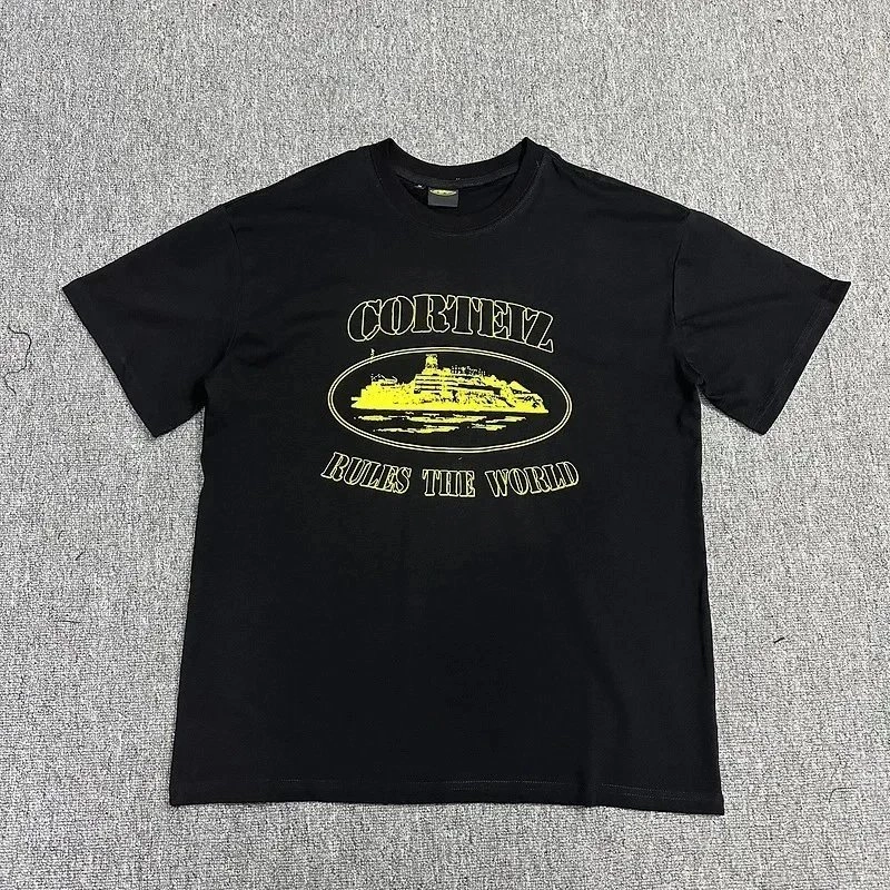 Corteiz Rules the World Graphic T-Shirt Black Yellow Print