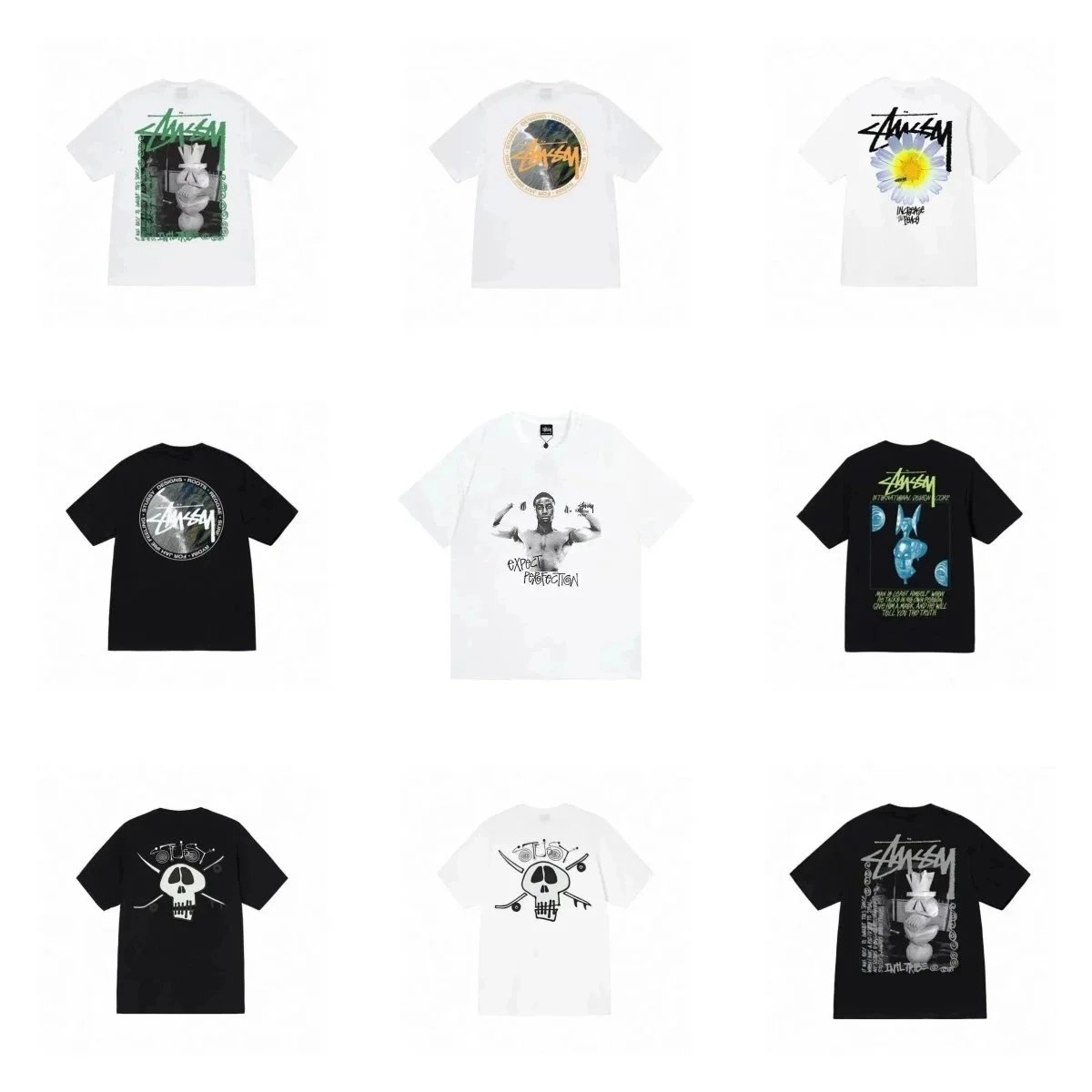 Stussy White T-Shirt with Green Rabbit Graphic Print