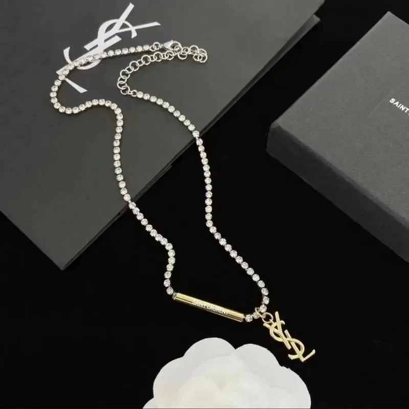 Saint Laurent Monogram YSL Crystal Chain Necklace Gold