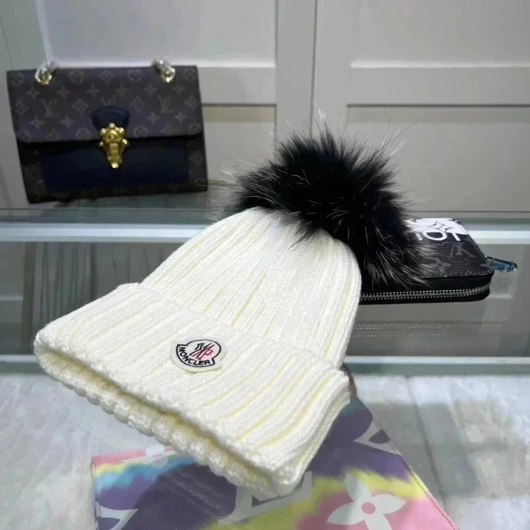 Moncler Ribbed Knit Beanie with Black Fur Pom-Pom - Cream