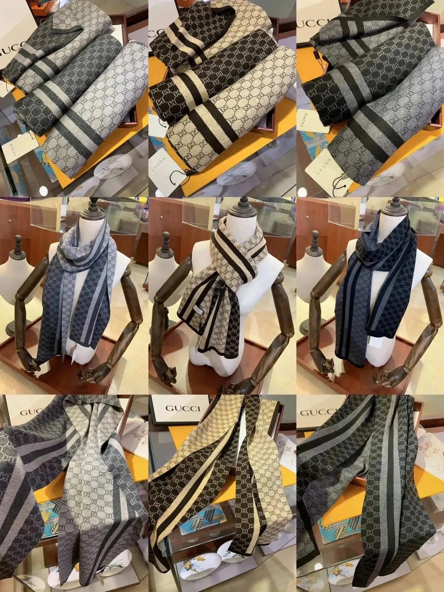 Gucci GG Monogram Stripe Wool Scarf - Gray Black Beige