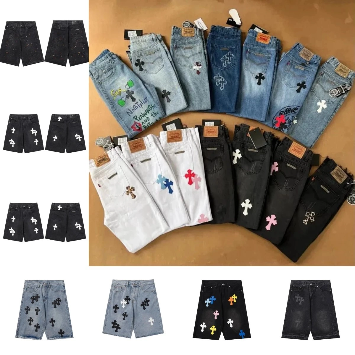 Chrome Hearts Cross-Embroidered Denim Shorts - Black/White/Blue