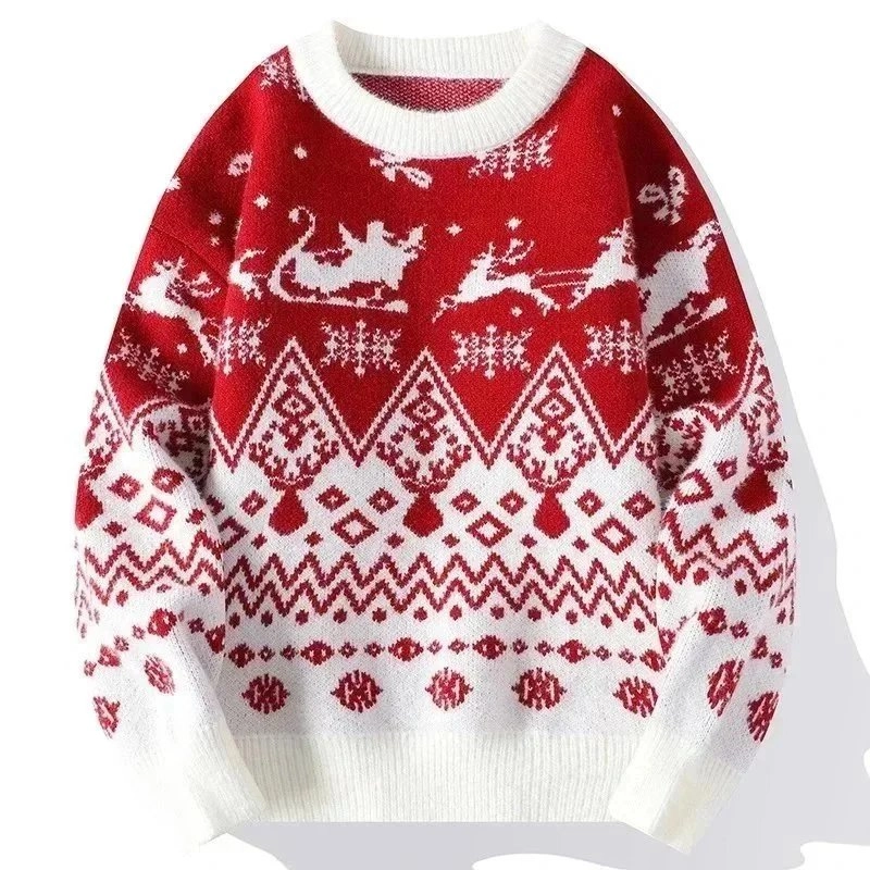 Red White Christmas Sweater with Santa Sleigh Pattern