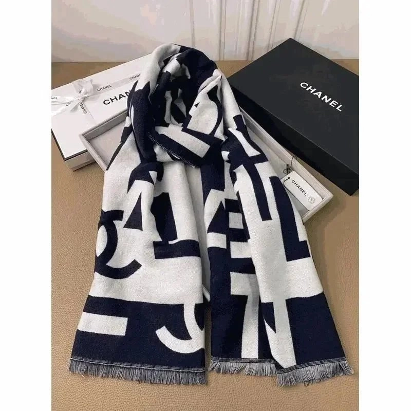 Chanel Logo Print Wool Scarf Navy and White Geometric Pattern