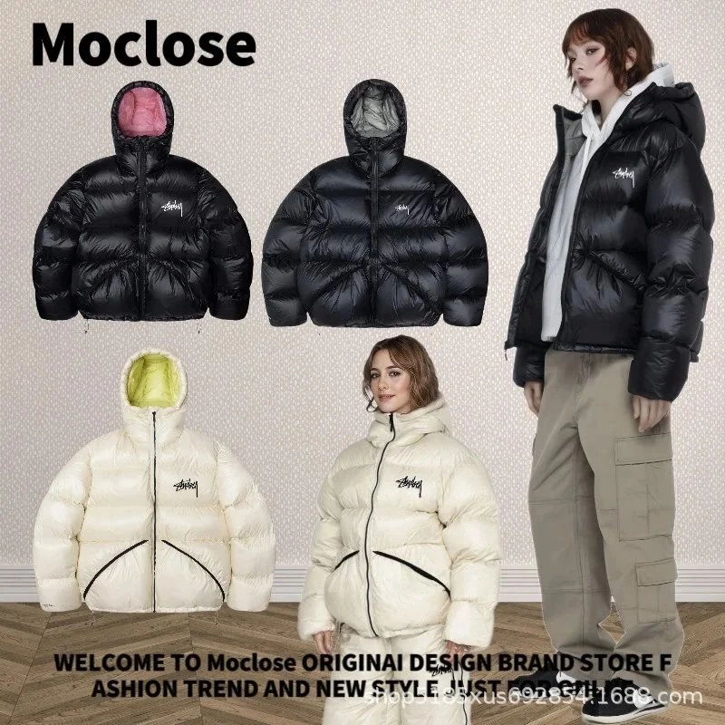 Moclose Stussy Logo Puffer Jacket Black with Pink Hood Lining