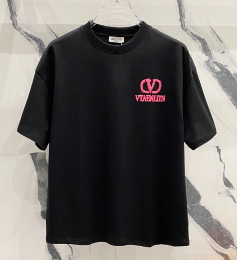Valentino VLogo Embroidered Black T-Shirt with Pink Logo