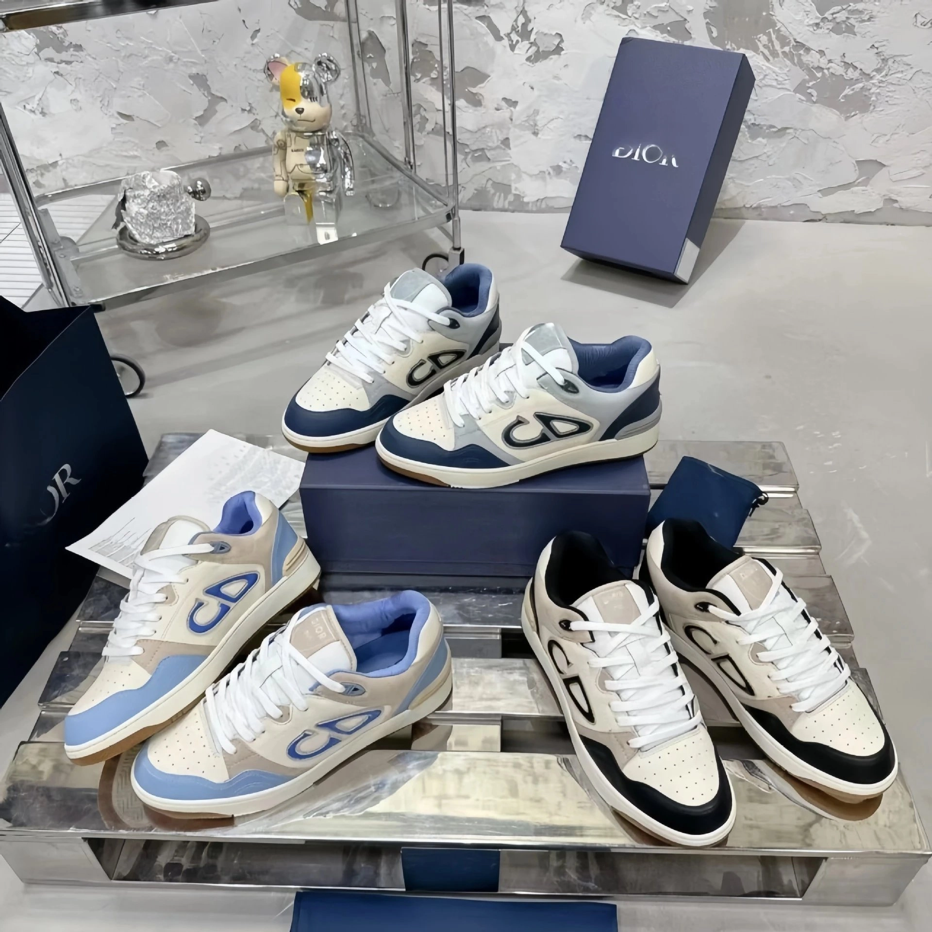 Dior B23 Low-Top Sneakers White Navy Blue Perforated Logo