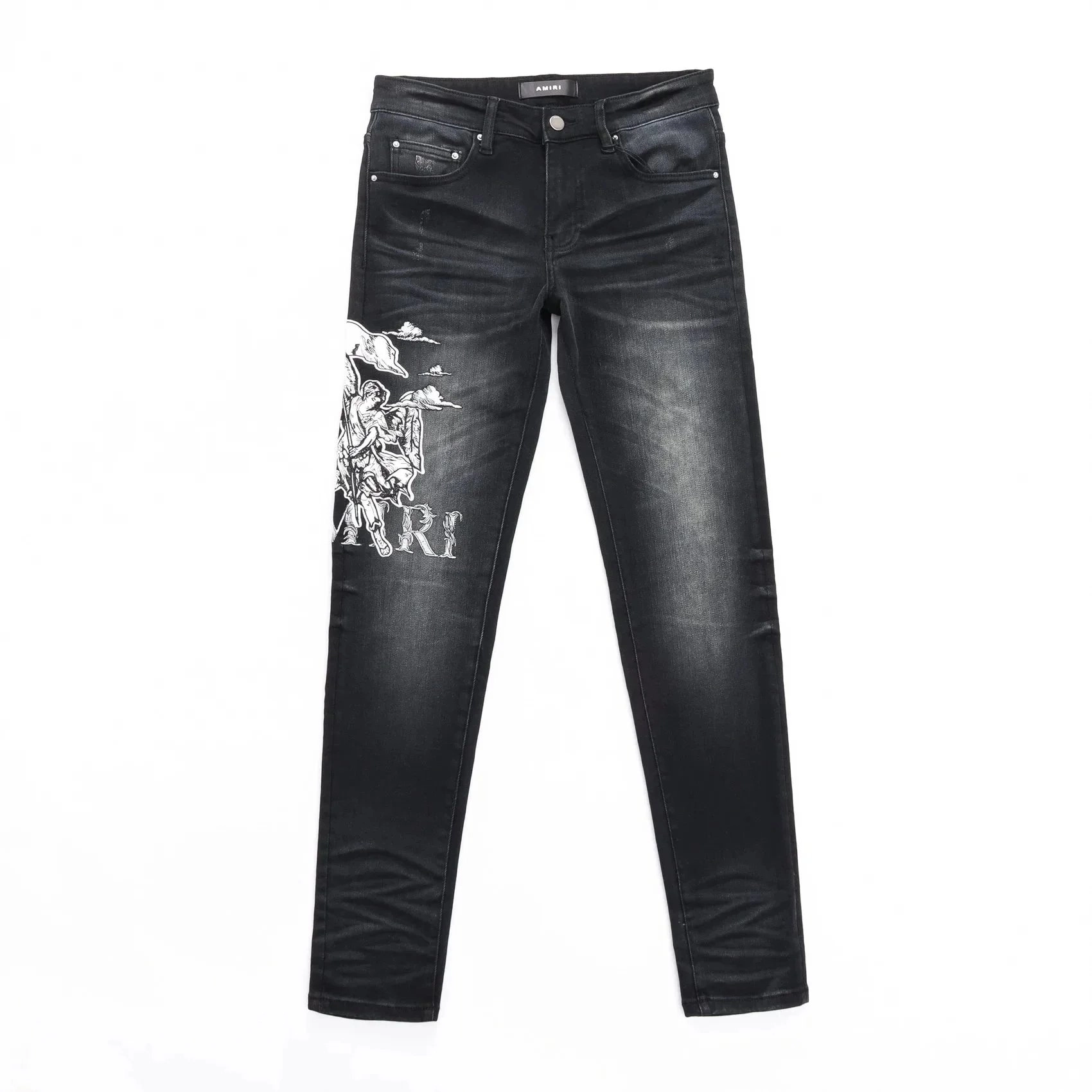 AMIRI Black Distressed Skinny Jeans with Angel Graphic Print