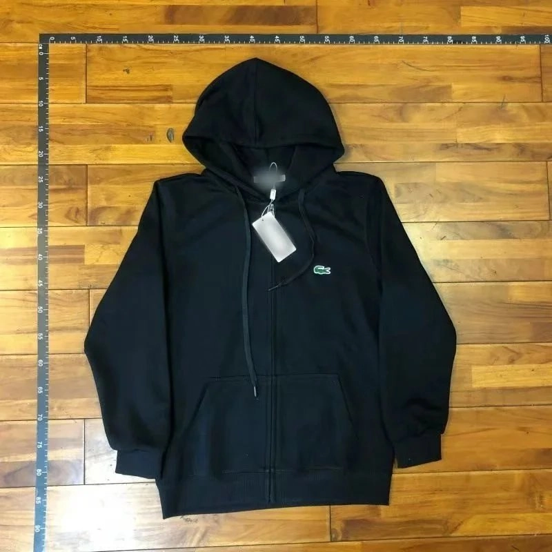 Lacoste Classic Black Zip-Up Hoodie with Green Crocodile Logo