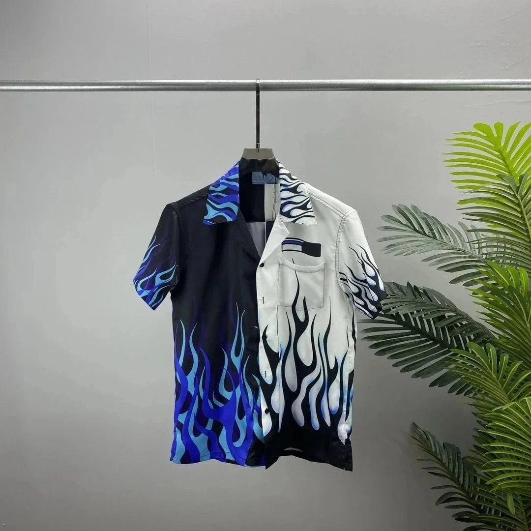 Prada Flame-Print Split-Color Short-Sleeve Shirt