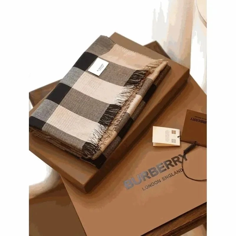 Burberry Classic Check Wool Cashmere Scarf Beige Black