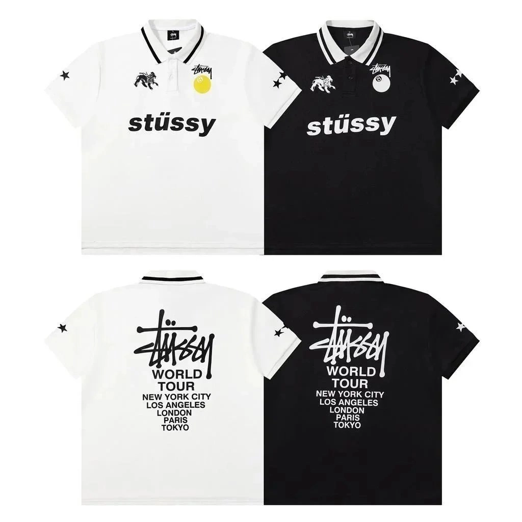 St&uuml;ssy World Tour Polo Shirt - White/Black with Lion and 8-Ball Graphics