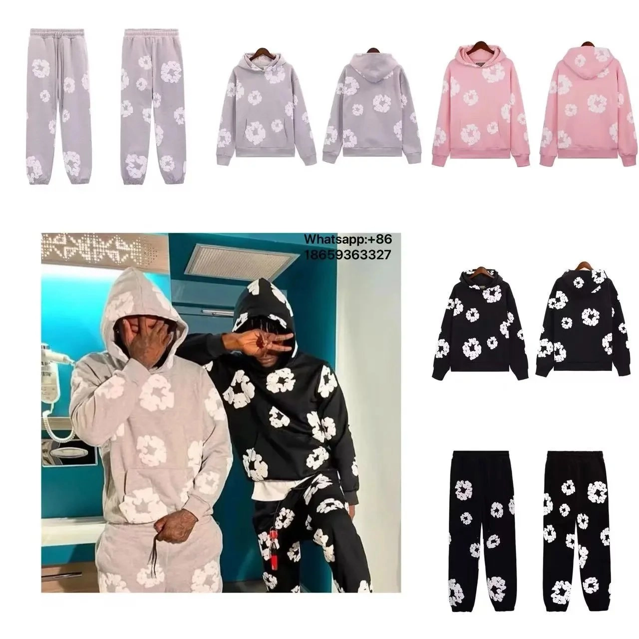 FloralPrint Oversized Hoodie and Jogger Set - White Floral Pattern