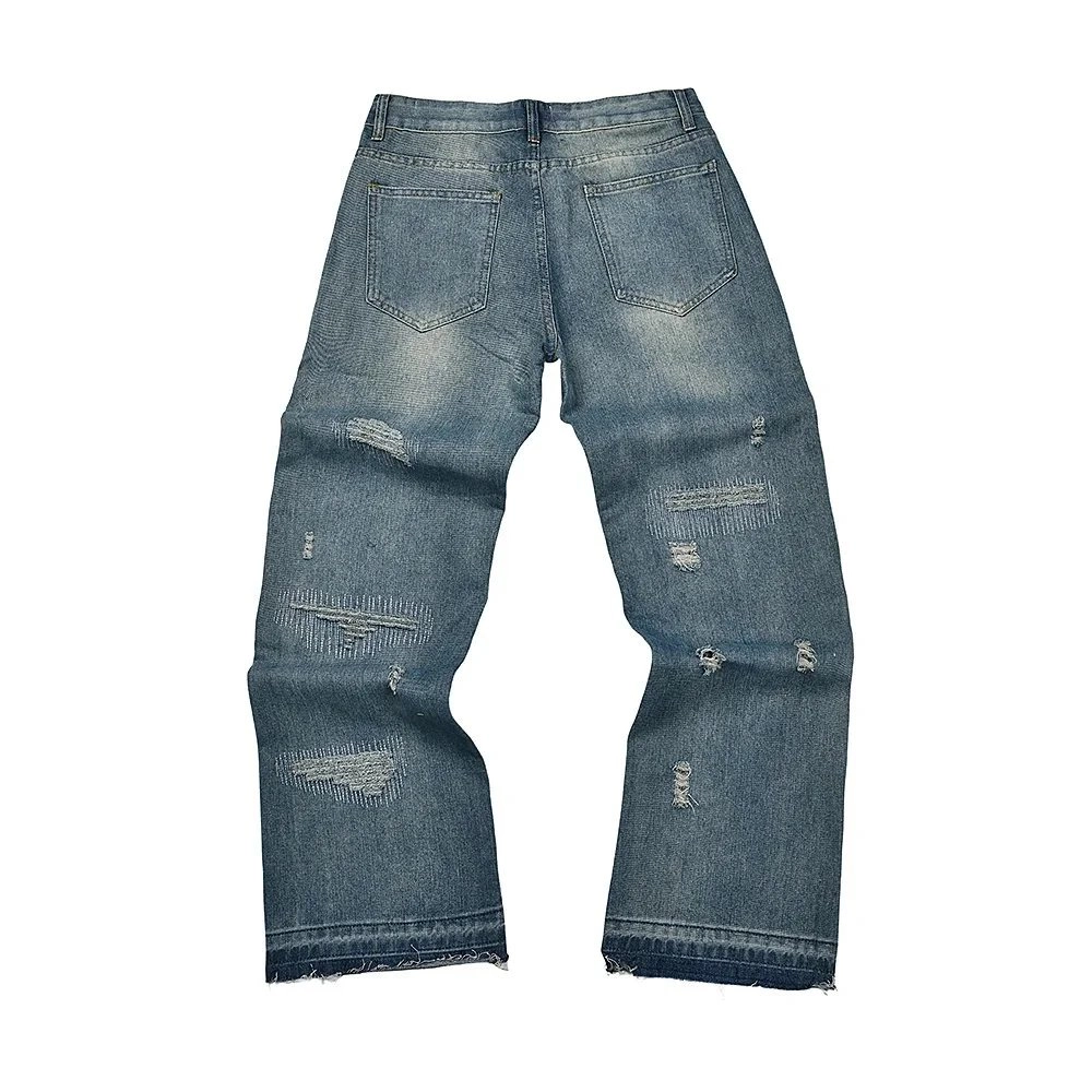 Distressed Blue Denim Jeans with Raw Hem and Patched Rips