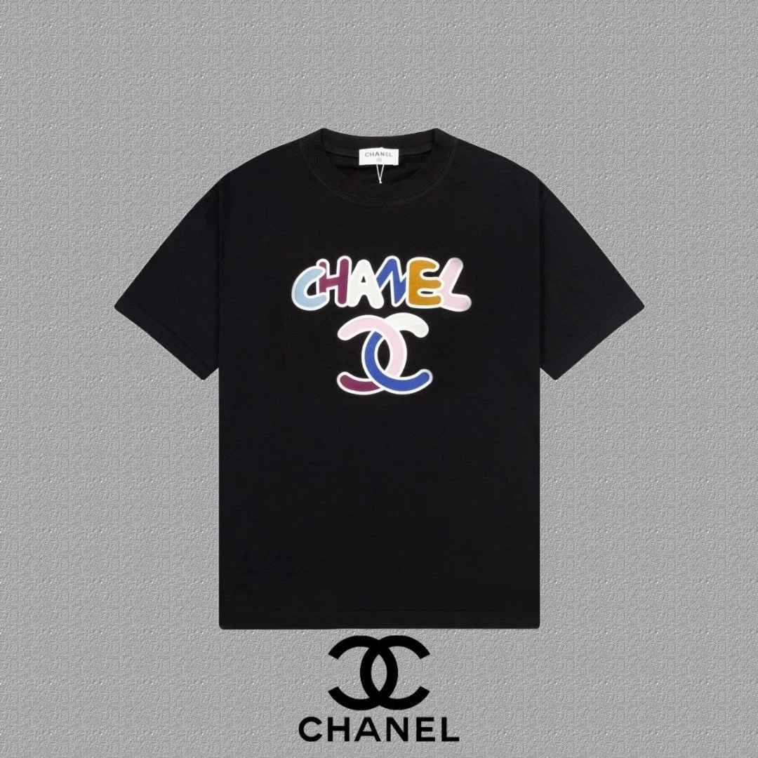 Chanel Black T-Shirt with Multicolor Logo Print