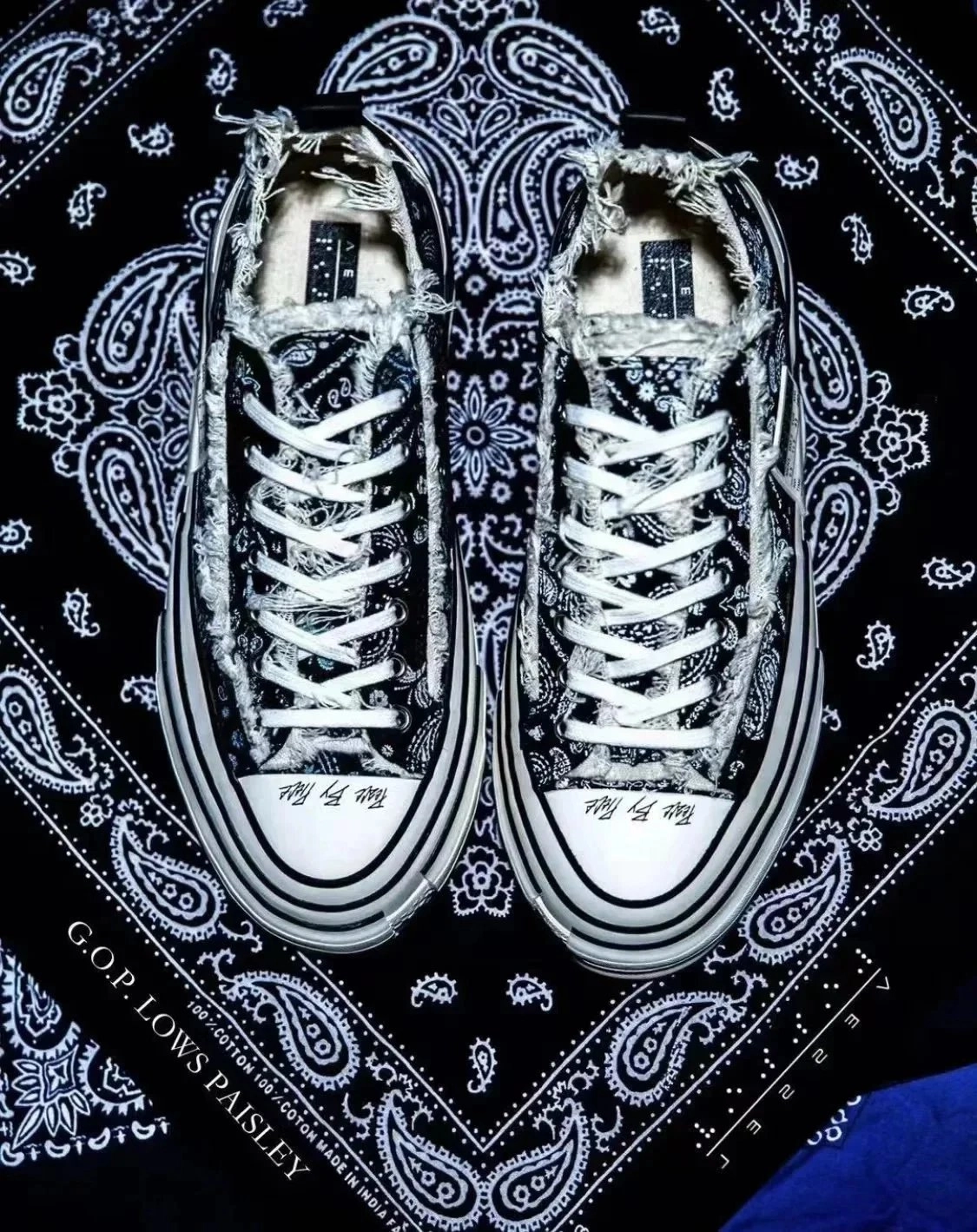 G.O.P. LOWS Paisley Print Distressed High-Top Sneakers Black