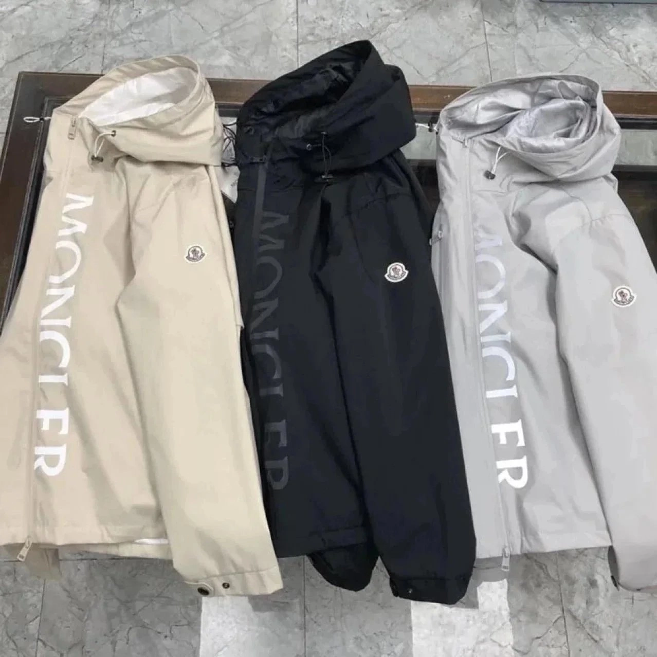 Moncler Vertical Logo Hooded Windbreaker Jacket - Beige Black Gray