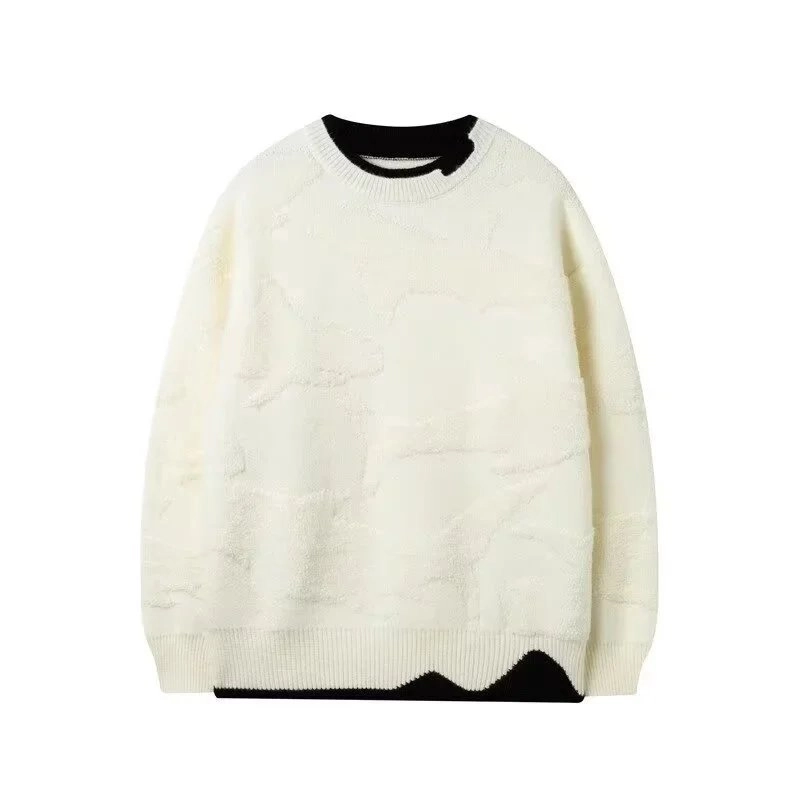 Cream Textured Knit Sweater with Black Contrast Trim