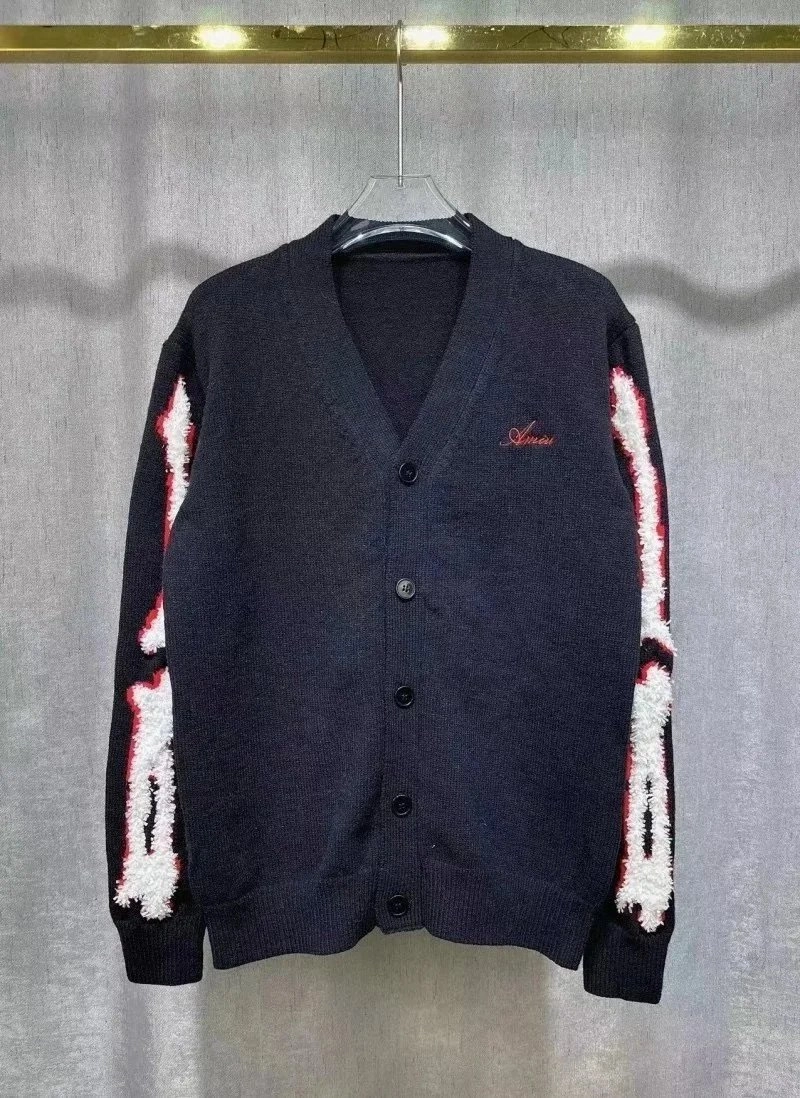 Amiri Black Knit Cardigan with White-Red Shaggy Sleeve Pattern