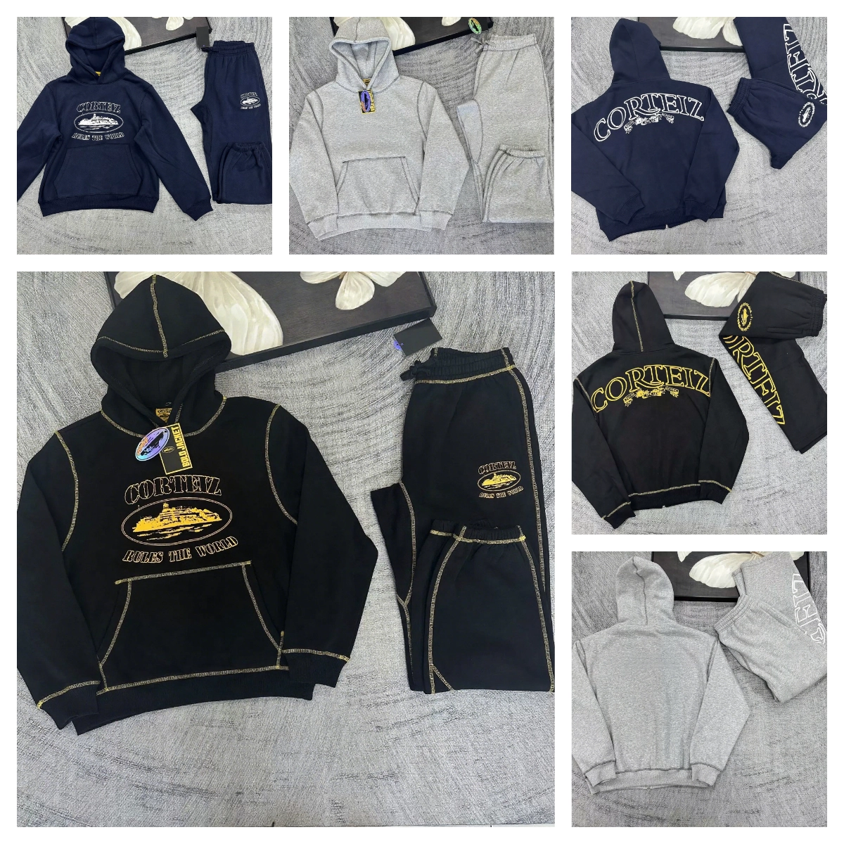 CORTEIZ Hoodie and Joggers Set with Gold Embroidery and Ship Logo
