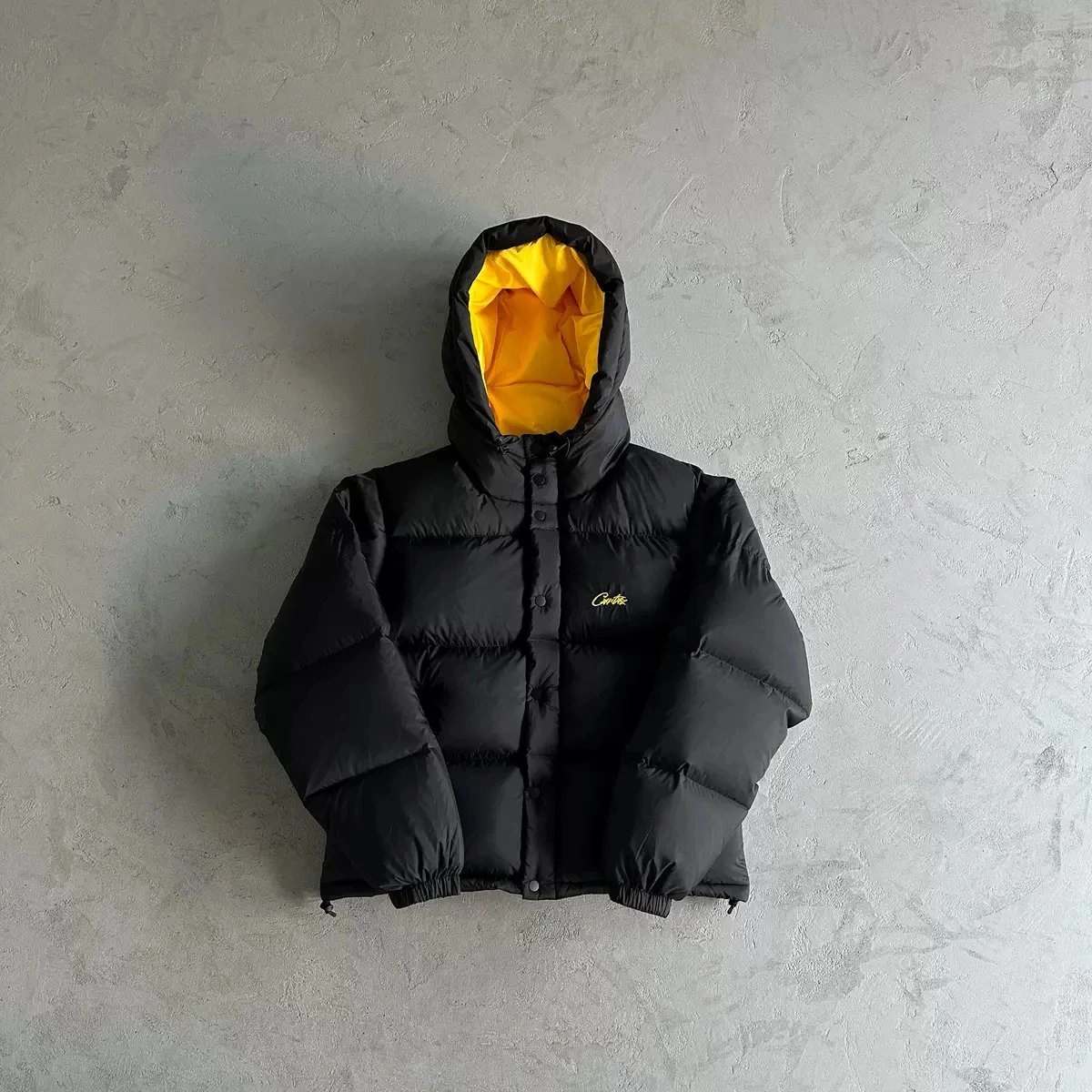 Corte Black Puffer Jacket with Yellow Lining Hood