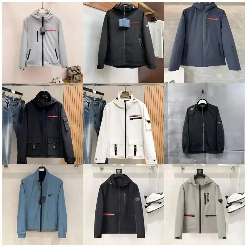 Prada Re-Nylon Hooded Jacket with Red Stripe Detail - Light Gray