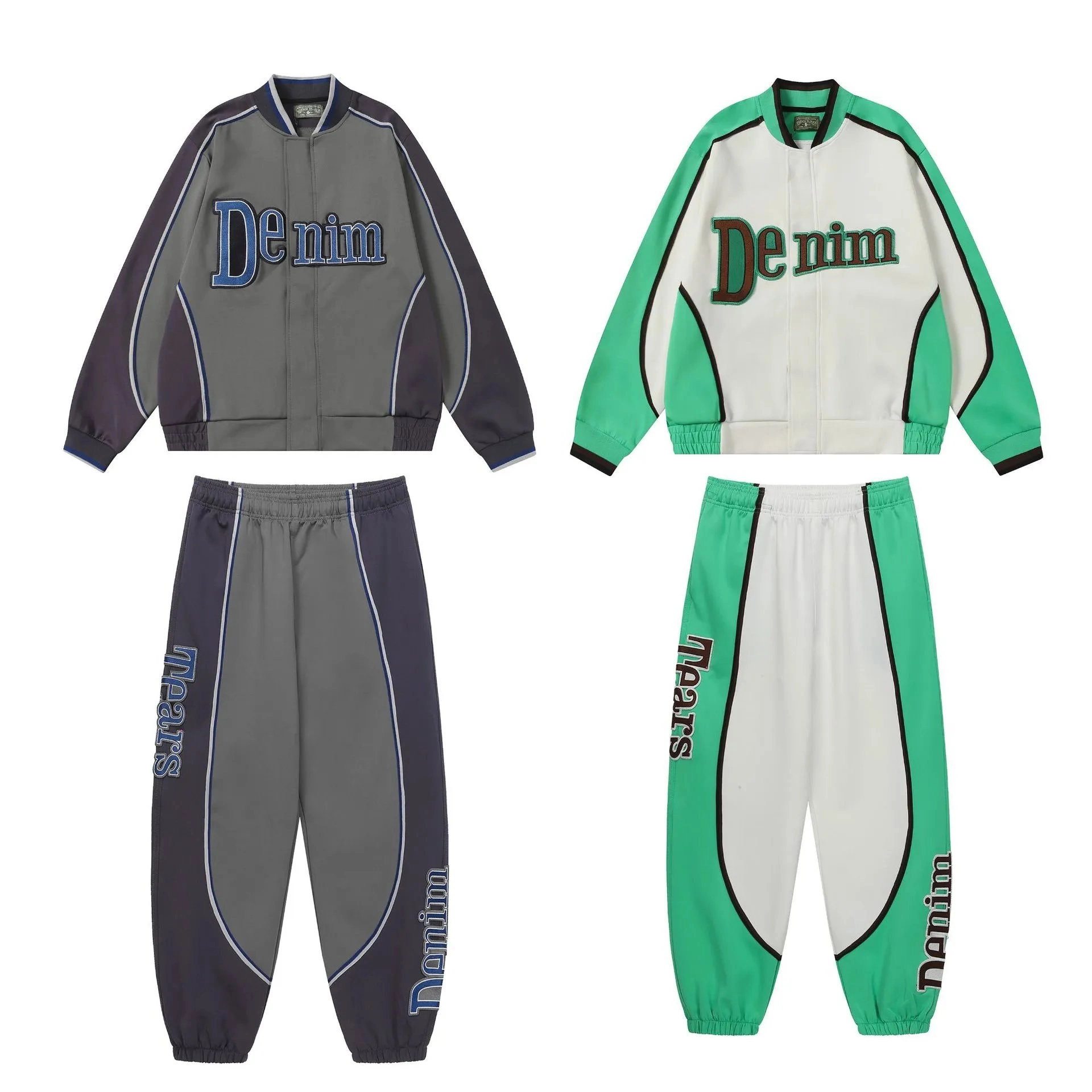 Denim Track Suit Set - Gray/Blue and White/Green Colorblock