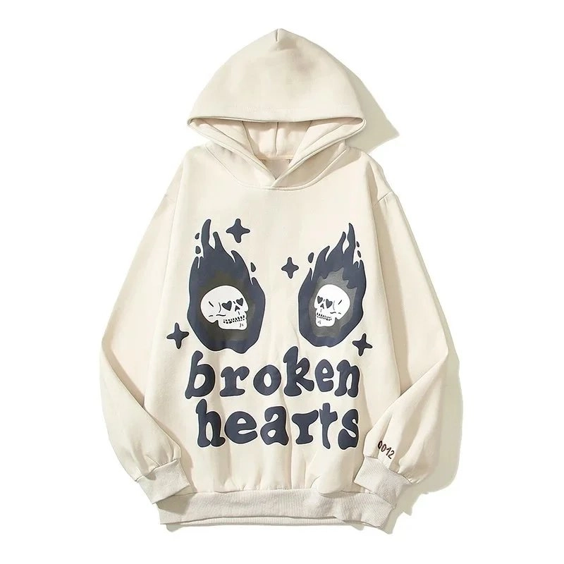 OD12 Broken Hearts Skull Flame Hoodie - Cream